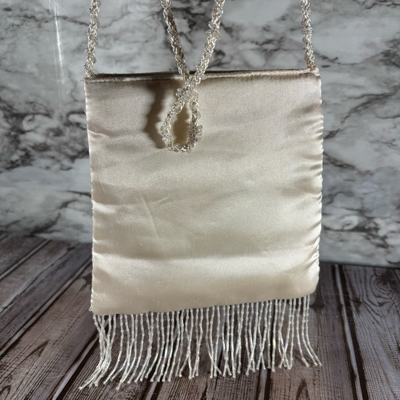 Vintage Beaded Crossbody Shoulder Purse Fringe Embroidered Floral Stain - Picture 2 of 4